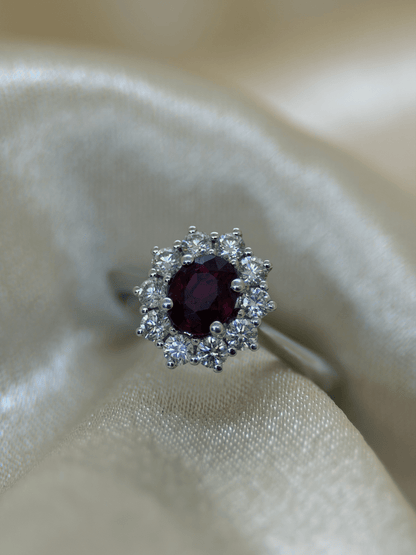 Oval Ruby &amp; Diamond Halo Ring in 18K White Gold – 0.64 ct