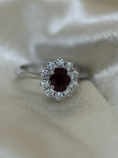 Oval Ruby &amp; Diamond Halo Ring in 18K White Gold – 0.64 ct
