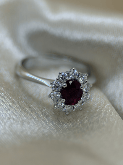 Oval Ruby &amp; Diamond Halo Ring in 18K White Gold – 0.64 ct